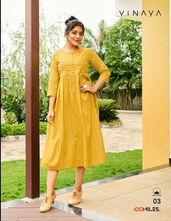 100Miles Vinaya Wholesale Catalog of Long Dress, Cotton Embroidery Work with Flair Pattern and Half Inner Long Dress Kurti Catalog Vinaya by 100Miles