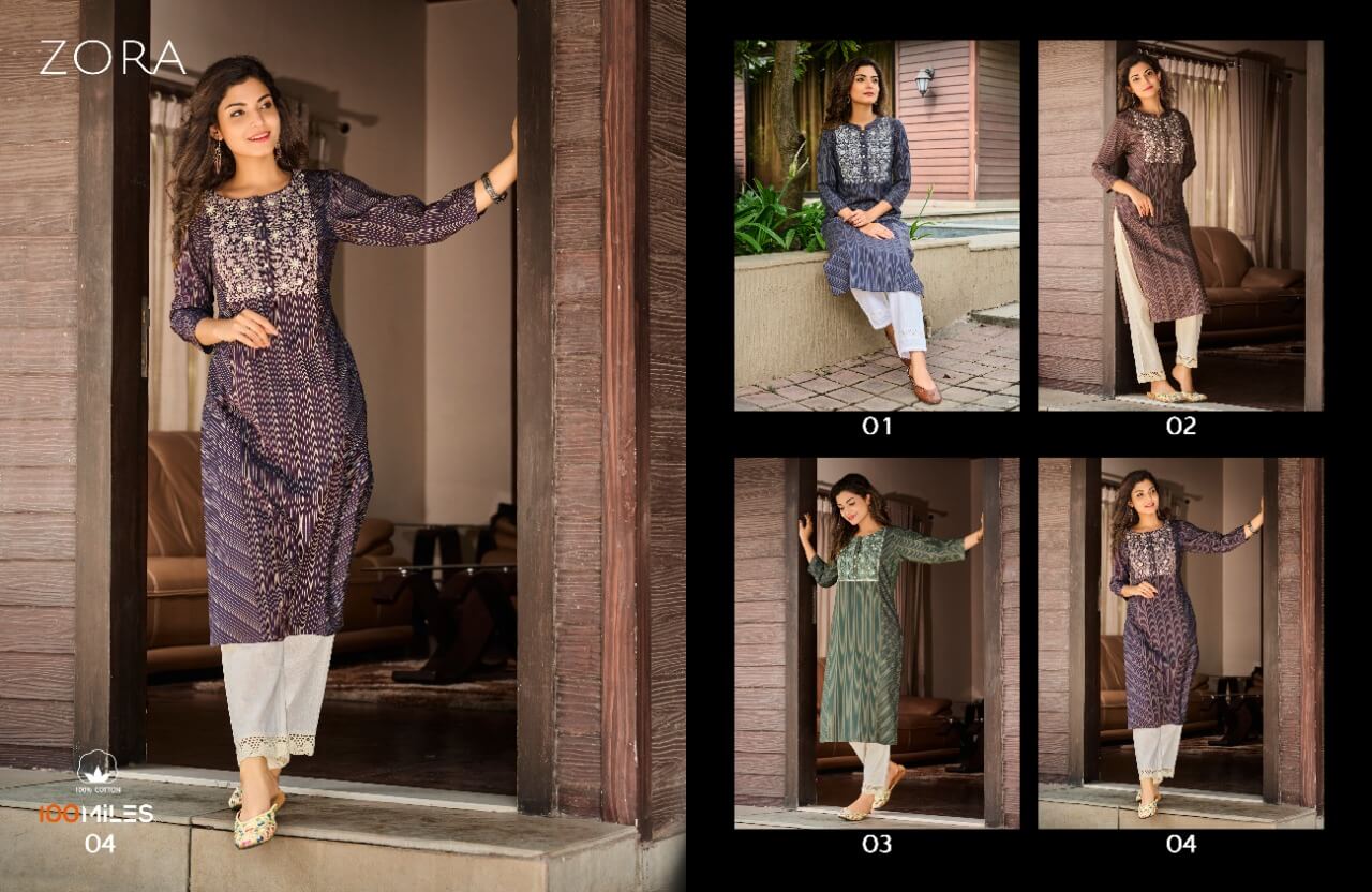 100Miles Zora Embroidery Work Kurtis Wholesale Catalog