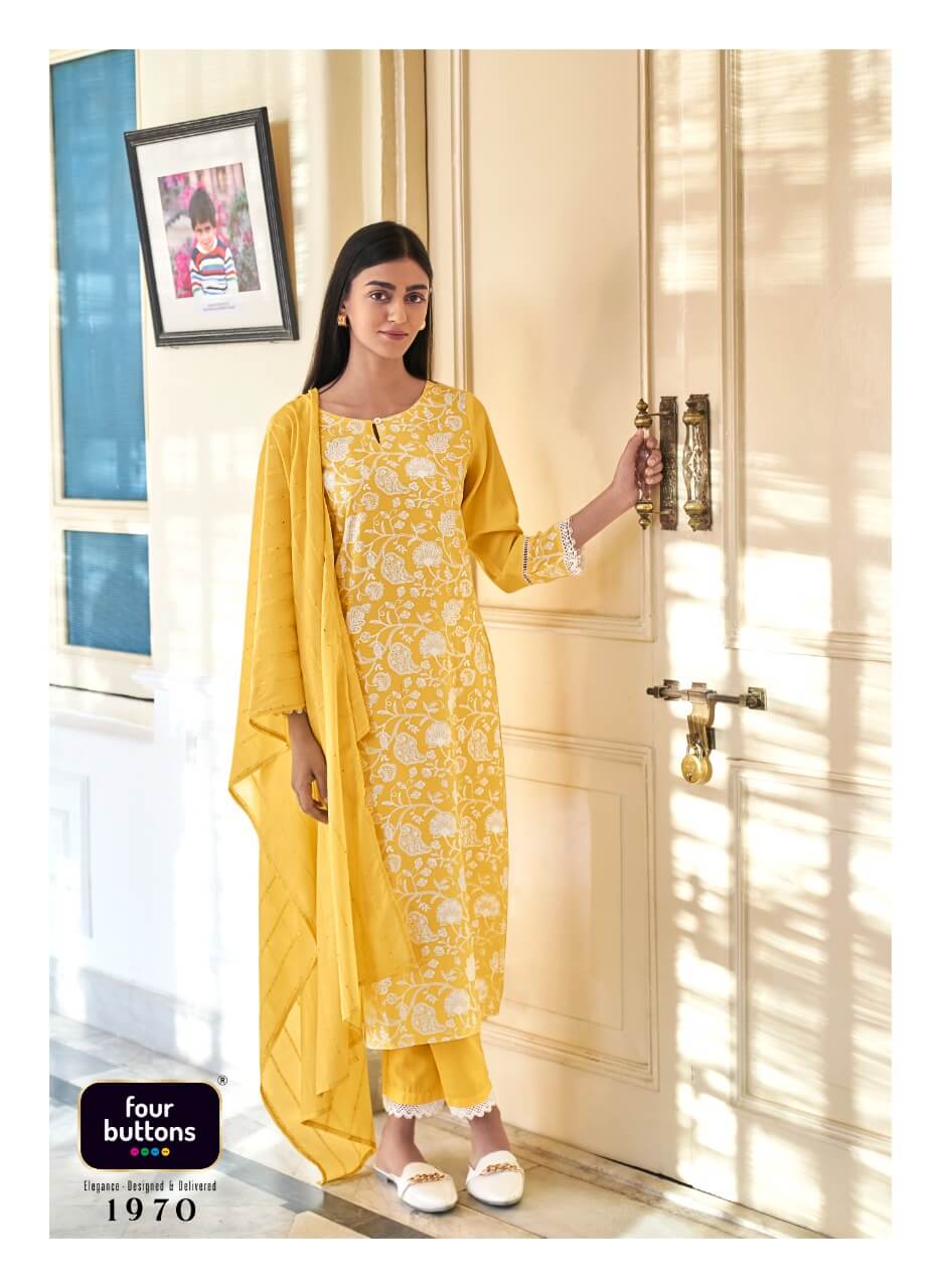 Four Buttons Four Gems Vol 5 Kurti Pant Dupatta Set Catalog In Wholesale Price. Purchase full Catalog of Four Buttons Four Gems Vol 5 In Wholesale Price Online