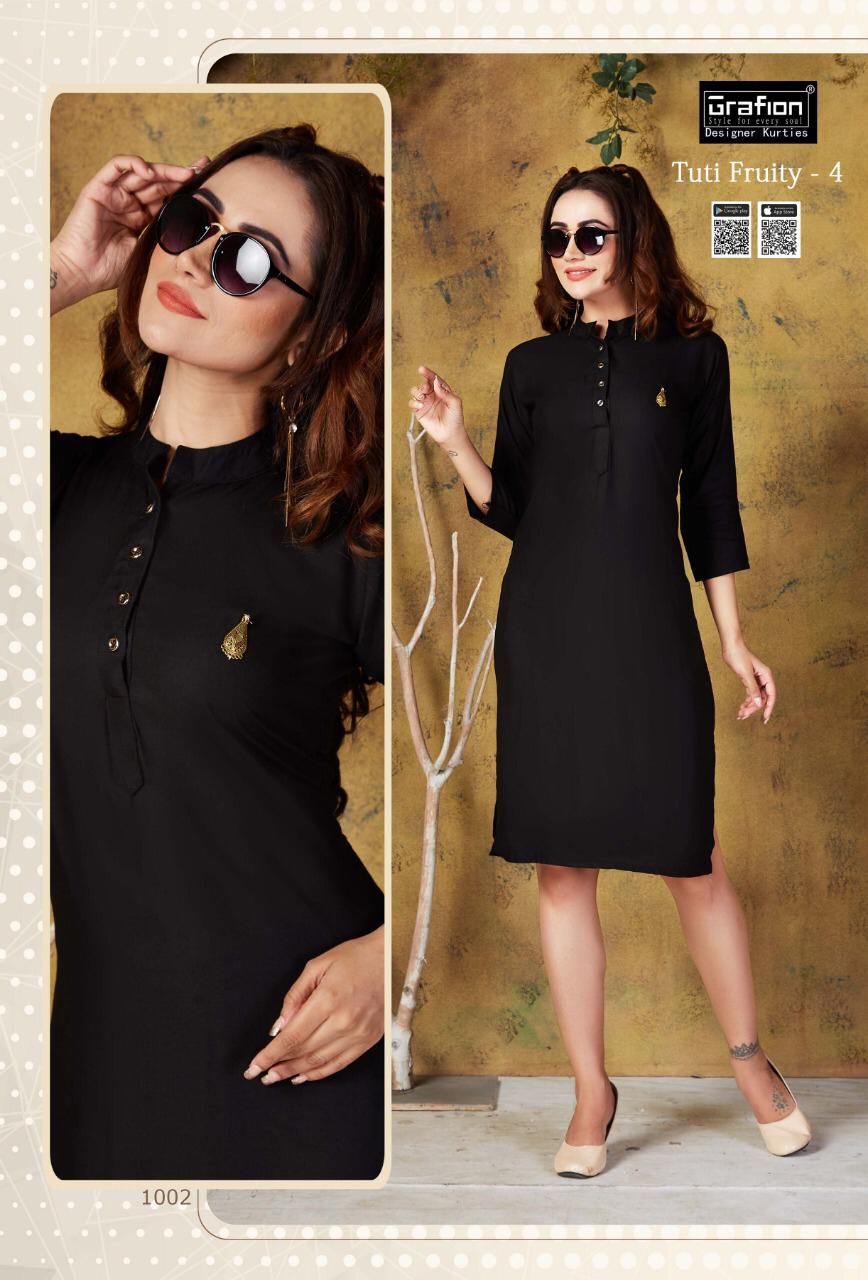 Grafion Tuty Fruity vol 4 kurtis Wholesale catalog online. Buy Grafion Tuty Fruity Vol 4 Heavy Rayon 10 colours ladies kurtis catalogue in wholesale online direct from kurtis manufacturer, wholesaler and bulk supplier of women kurtis and dress material. Purchase B2B Women clothings with gst invoice and get input tax credit. b2b online portal of ladies kurtis, dress material and western top. purchase Grafion Tuty Fruity Vol 4 kurtis in bulk price online 