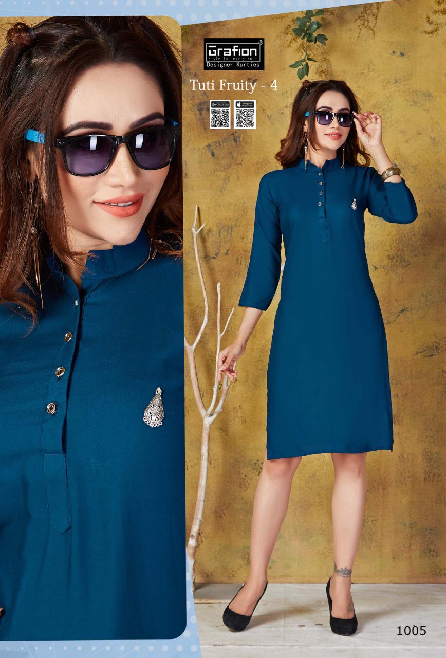 Grafion Tuty Fruity vol 4 kurtis Wholesale catalog online. Buy Grafion Tuty Fruity Vol 4 Heavy Rayon 10 colours ladies kurtis catalogue in wholesale online direct from kurtis manufacturer, wholesaler and bulk supplier of women kurtis and dress material. Purchase B2B Women clothings with gst invoice and get input tax credit. b2b online portal of ladies kurtis, dress material and western top. purchase Grafion Tuty Fruity Vol 4 kurtis in bulk price online 