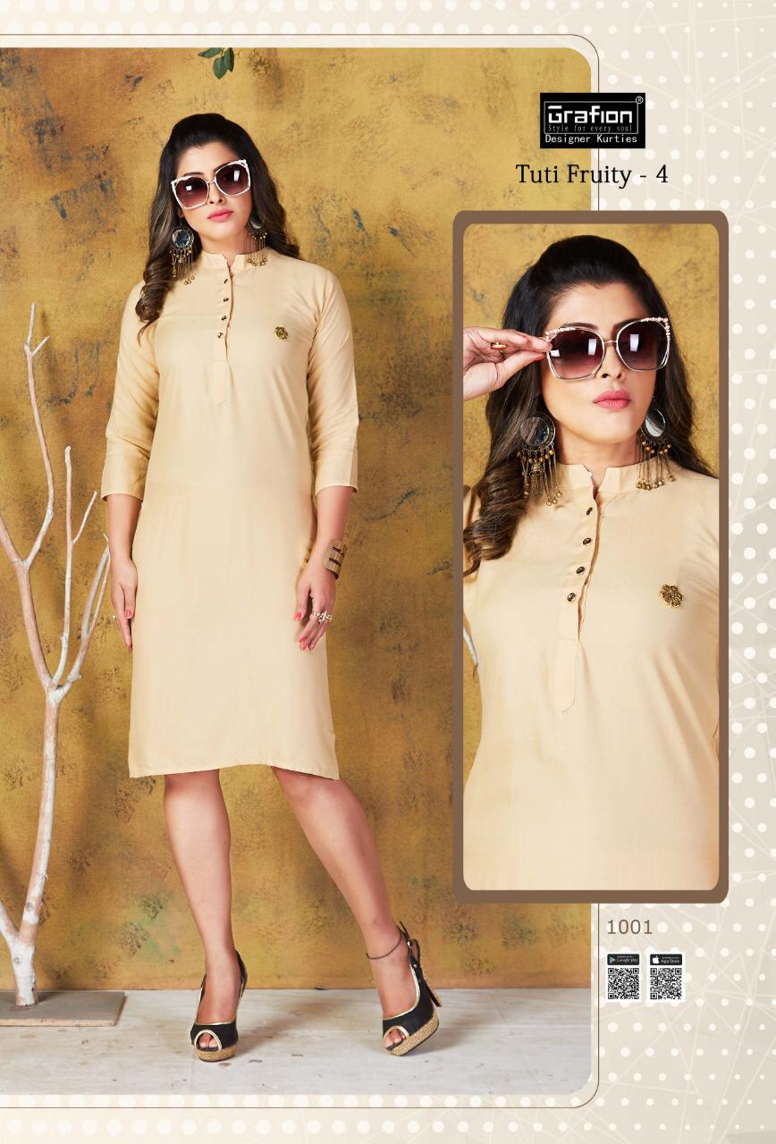 Grafion Tuty Fruity vol 4 kurtis Wholesale catalog online. Buy Grafion Tuty Fruity Vol 4 Heavy Rayon 10 colours ladies kurtis catalogue in wholesale online direct from kurtis manufacturer, wholesaler and bulk supplier of women kurtis and dress material. Purchase B2B Women clothings with gst invoice and get input tax credit. b2b online portal of ladies kurtis, dress material and western top. purchase Grafion Tuty Fruity Vol 4 kurtis in bulk price online 