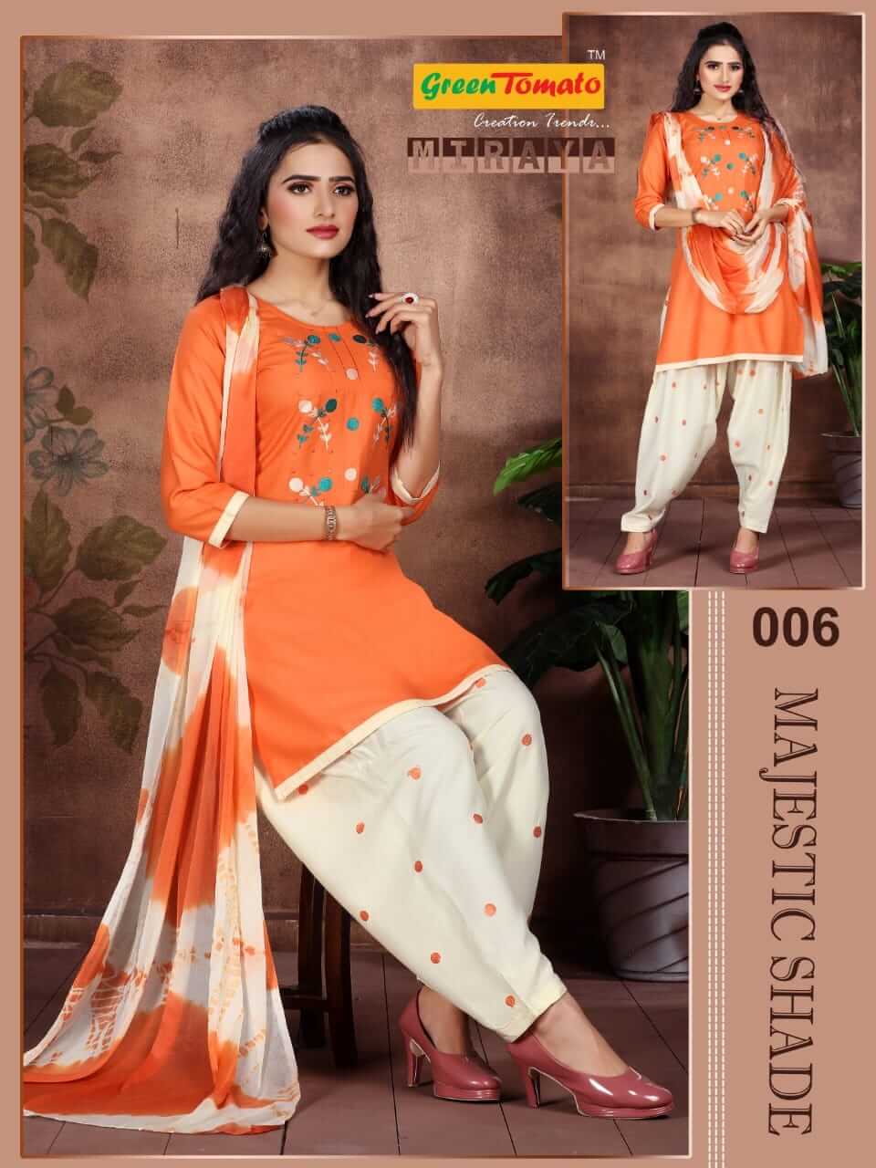 Green Tomato Miraya Kurti Patiyala Dupatta Set Wholesale Catalog. Purchase Full Catalog of Kurti Patiyala Dupatta Set In Wholesale Price Online