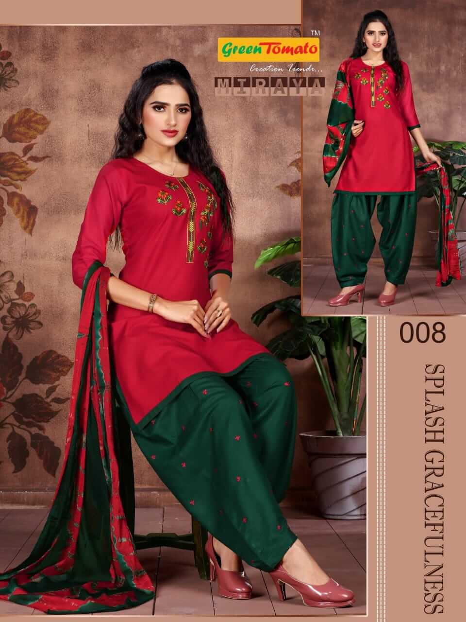 Green Tomato Miraya Kurti Patiyala Dupatta Set Wholesale Catalog. Purchase Full Catalog of Kurti Patiyala Dupatta Set In Wholesale Price Online