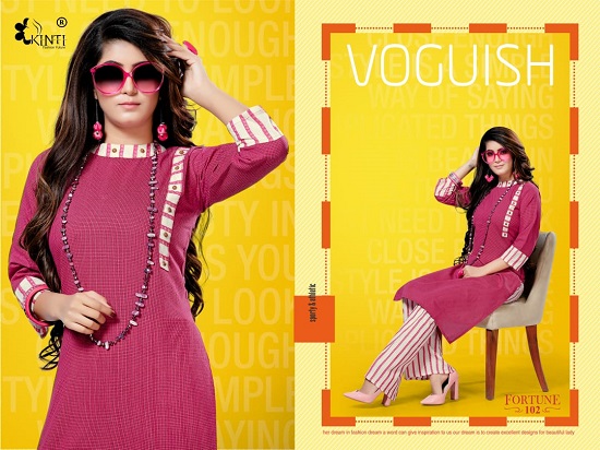 Kinti Fortune plazo and top wholesale catalogue. Kinti Launches Fortune Low Rate Top with Plazzo Catalogue in wholesale kurtis market. Kinti Launches unbeatable price range plazo top pair catalogue. Kinti Presents new looks and style Cotton Handloom Fabric kurtis with strip plazo set. book kinti fortune plazo kurti set catalogue with one of the leading wholesaler of ladies kurtis, tops and dress material online 