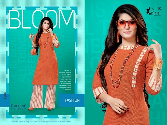 Kinti Fortune plazo and top wholesale catalogue. Kinti Launches Fortune Low Rate Top with Plazzo Catalogue in wholesale kurtis market. Kinti Launches unbeatable price range plazo top pair catalogue. Kinti Presents new looks and style Cotton Handloom Fabric kurtis with strip plazo set. book kinti fortune plazo kurti set catalogue with one of the leading wholesaler of ladies kurtis, tops and dress material online 