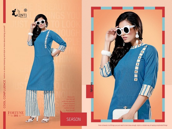 Kinti Fortune plazo and top wholesale catalogue. Kinti Launches Fortune Low Rate Top with Plazzo Catalogue in wholesale kurtis market. Kinti Launches unbeatable price range plazo top pair catalogue. Kinti Presents new looks and style Cotton Handloom Fabric kurtis with strip plazo set. book kinti fortune plazo kurti set catalogue with one of the leading wholesaler of ladies kurtis, tops and dress material online 