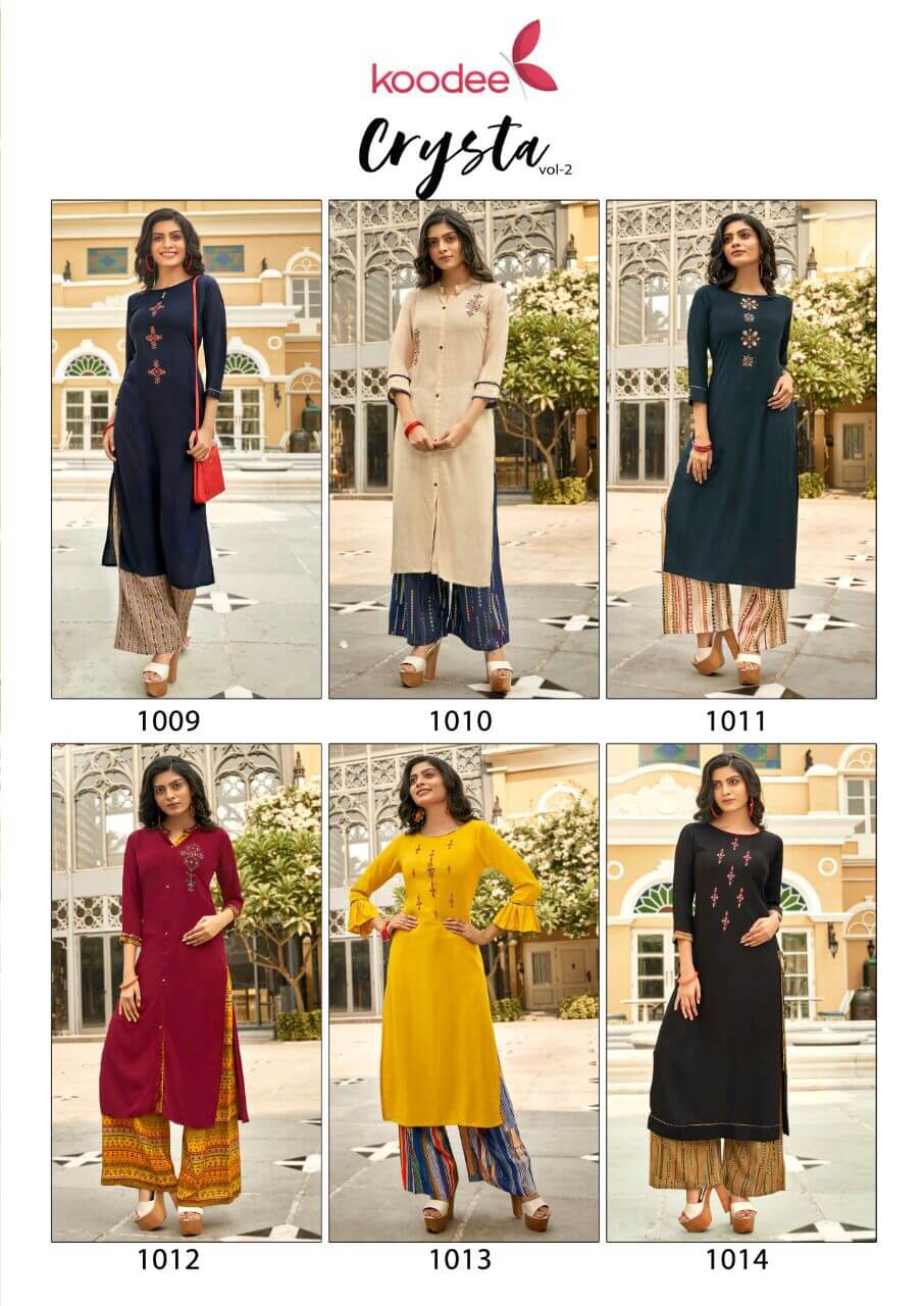 Koodee Crystal Vol 2 Rayon Kurti With Plazzo Catalog In Wholesale Price. Purchase Full Catalog of Koodee Crystal Vol 2 In Wholesale Price Online