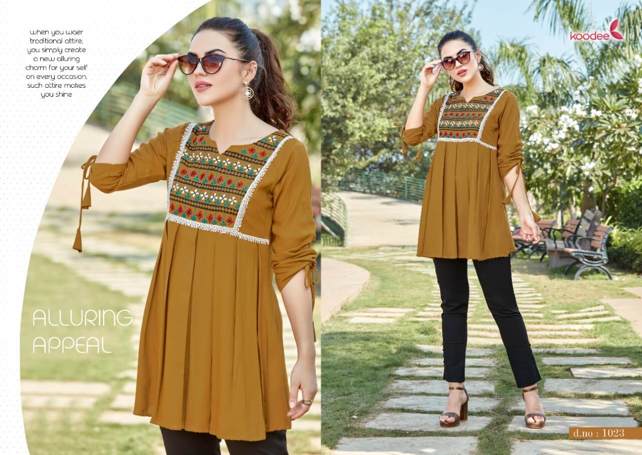 Koodee Videshi Vol 4 Rayon Weastern Top Catalog In Wholesale Price. 