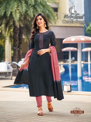 Ladies Flavour Copper Stone 8 Kurta Pant Dupatta Wholesale Catalog