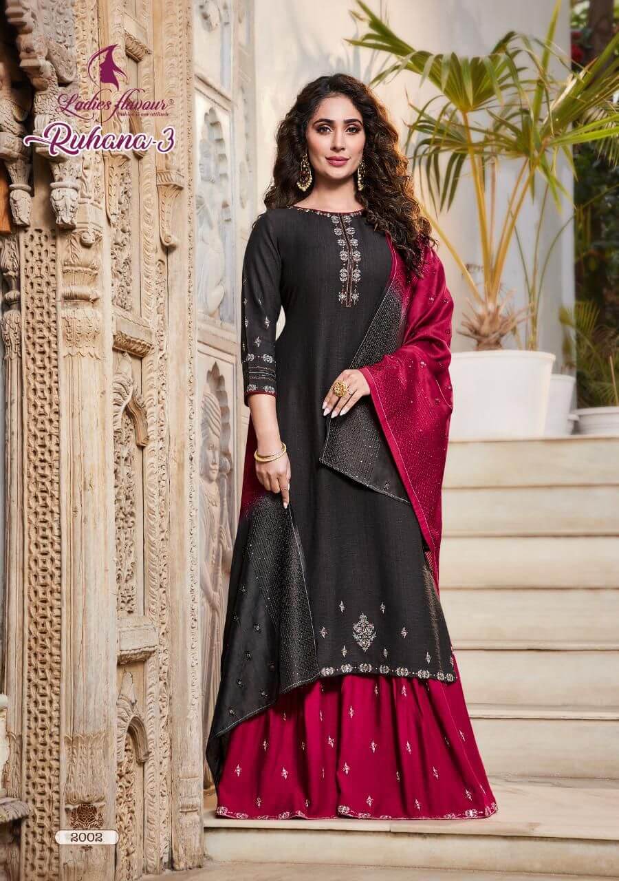 Ladies Flavour Ruhana Vol 3 Kurta Sharara Dupatta Set Wholesale Catalog. Purchase Full Catalog of Kurta Sharara Dupatta Set In Wholesale Price Online