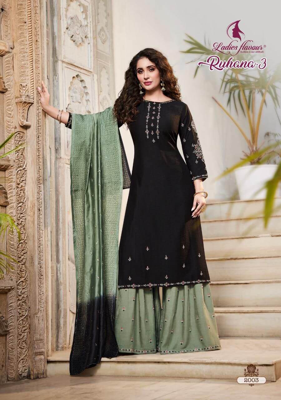 Ladies Flavour Ruhana Vol 3 Kurta Sharara Dupatta Set Wholesale Catalog. Purchase Full Catalog of Kurta Sharara Dupatta Set In Wholesale Price Online