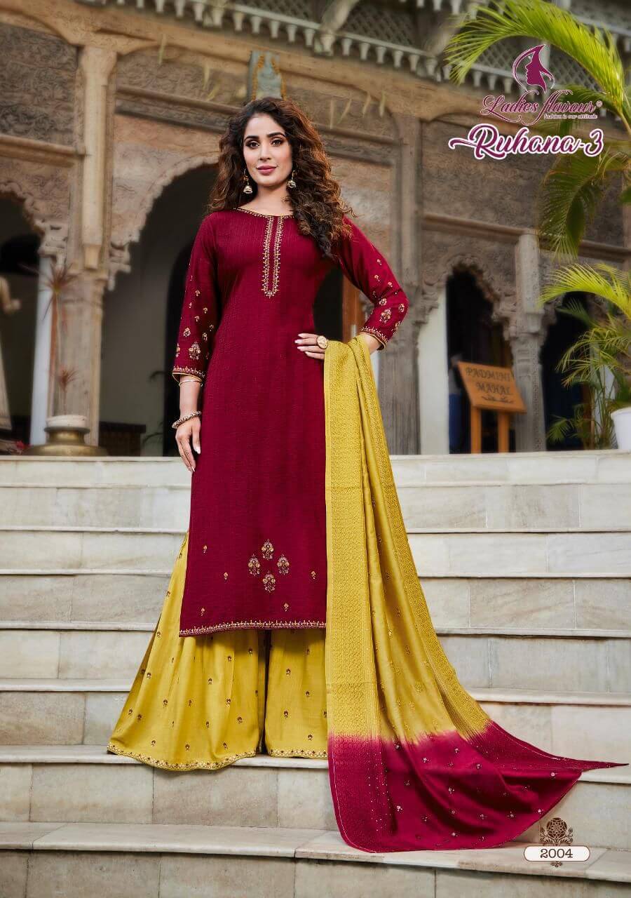 Ladies Flavour Ruhana Vol 3 Kurta Sharara Dupatta Set Wholesale Catalog. Purchase Full Catalog of Kurta Sharara Dupatta Set In Wholesale Price Online