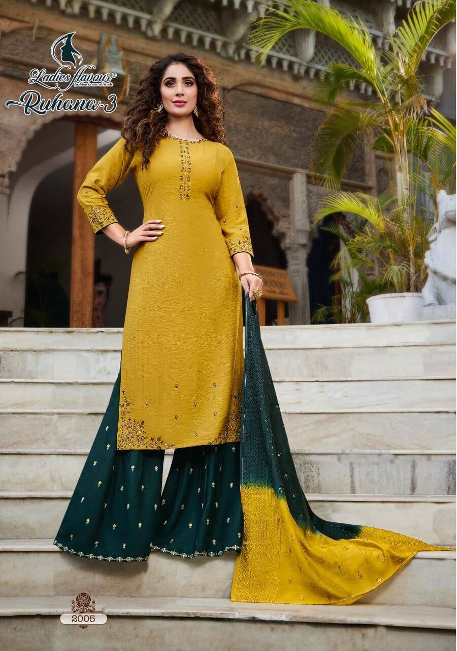 Ladies Flavour Ruhana Vol 3 Kurta Sharara Dupatta Set Wholesale Catalog. Purchase Full Catalog of Kurta Sharara Dupatta Set In Wholesale Price Online