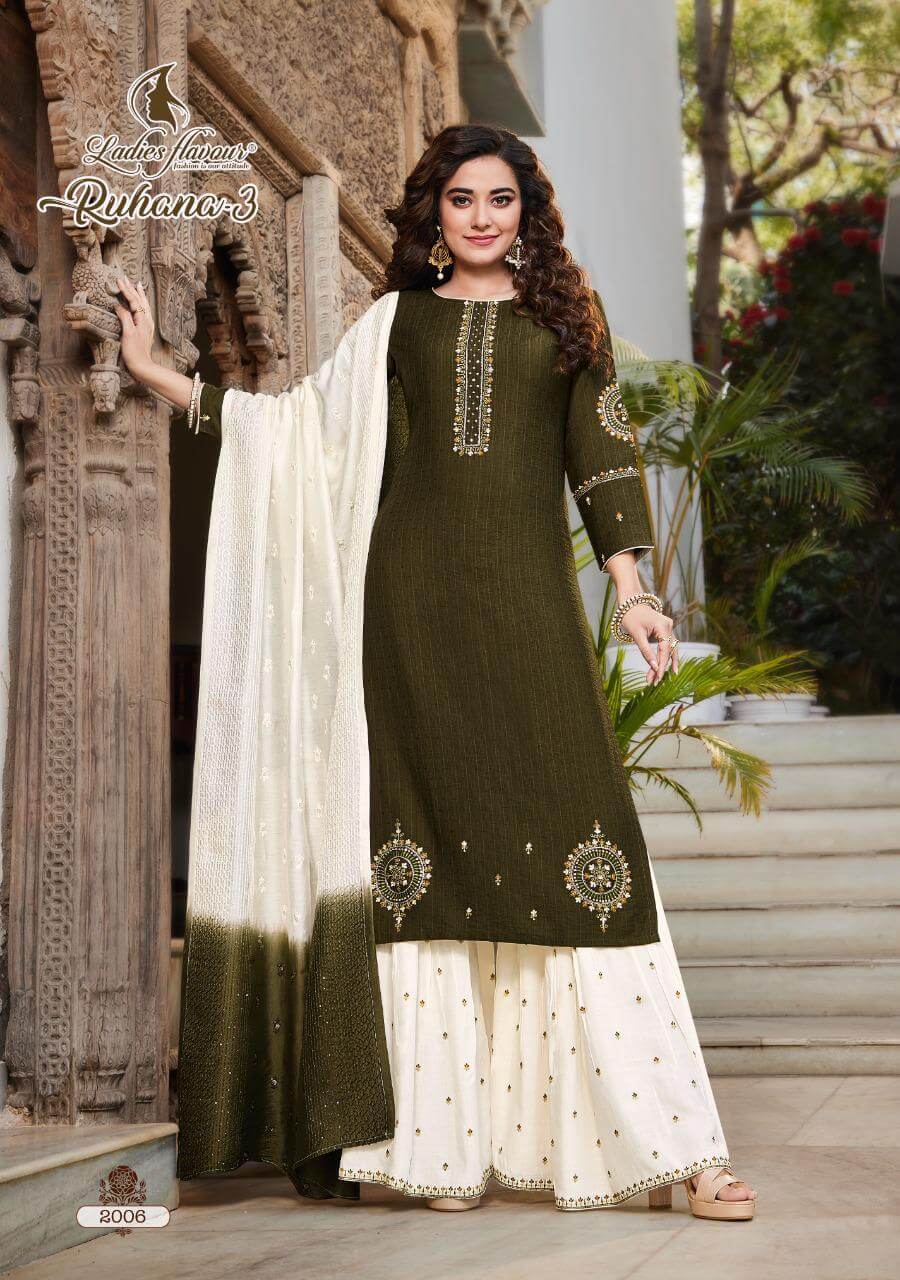 Ladies Flavour Ruhana Vol 3 Kurta Sharara Dupatta Set Wholesale Catalog. Purchase Full Catalog of Kurta Sharara Dupatta Set In Wholesale Price Online