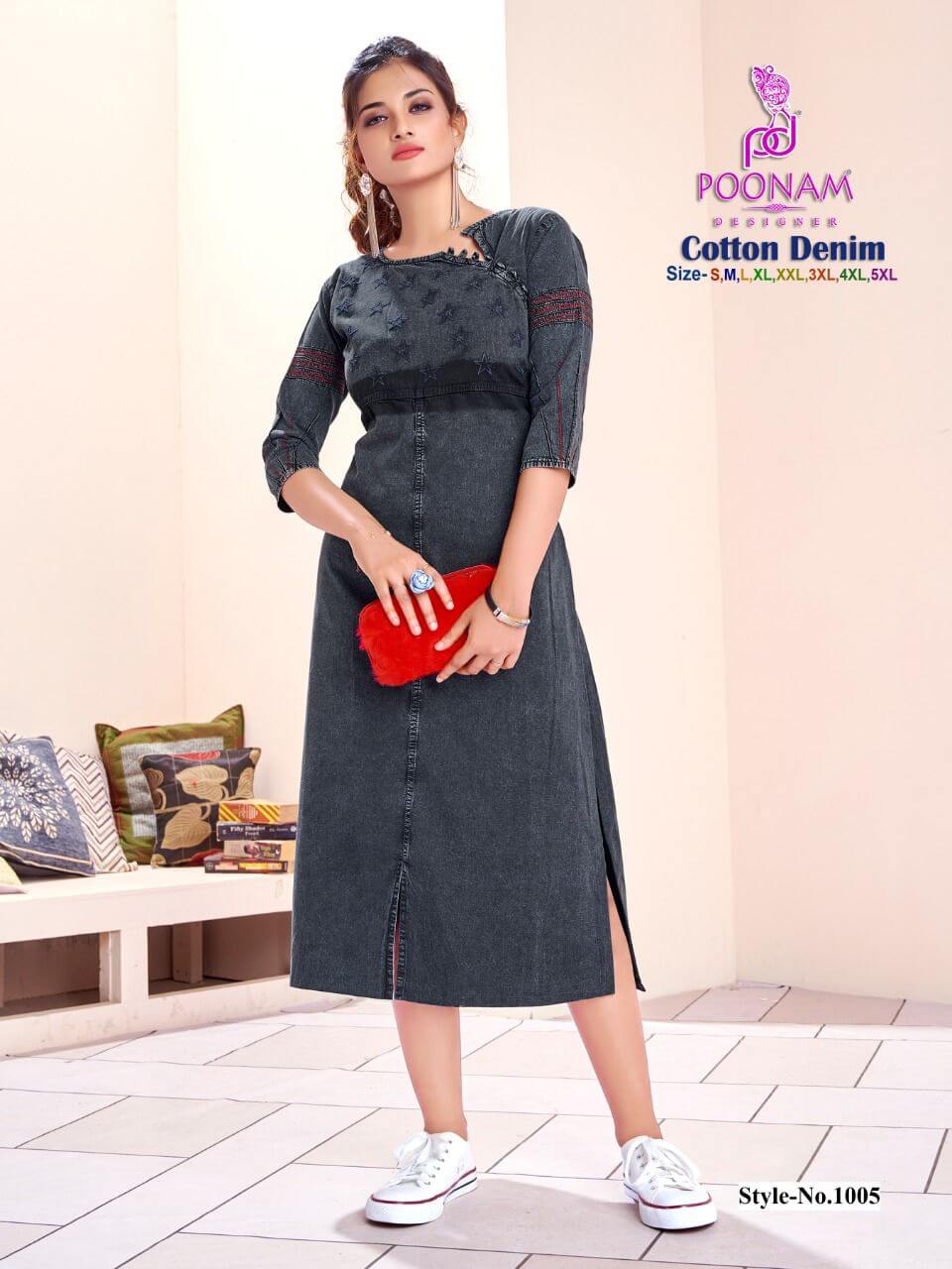 Poonam Designer Cotton Denim Kurtis Wholesale Catalog. Purchase Full Catalog of Cotton Denim Kurtis In Wholesale Price Online