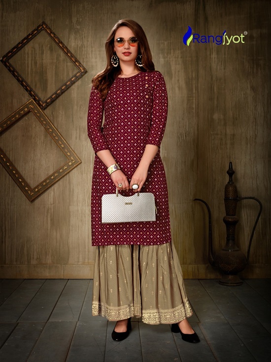 Rang Jyot Nagma vol 1 kurtis wholesale catalog. Nagma volume 1 Rayon Print kurtis with Sharara pair in wholesale by Brand Rangjyot