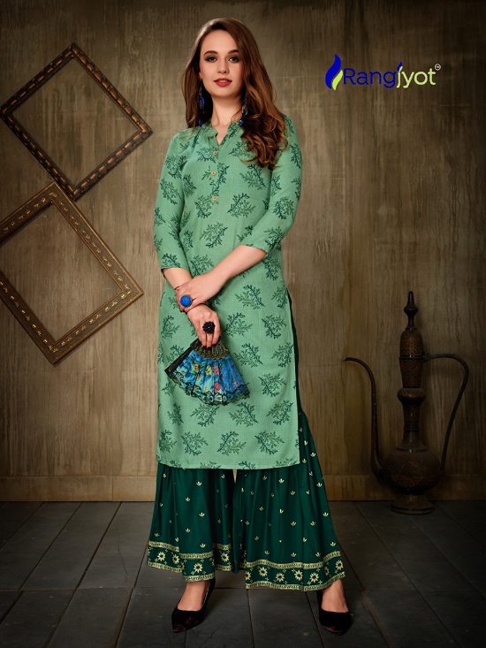 Rang Jyot Nagma vol 1 kurtis wholesale catalog. Nagma volume 1 Rayon Print kurtis with Sharara pair in wholesale by Brand Rangjyot