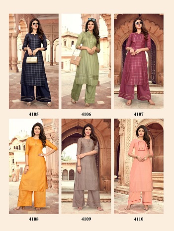 Rijiya Trends RT Launches New Kurti With Plazzo Catalogue RT Glossy. Rijiya Trends RT Glossy Soft Chanderi Kurti Top With Soft Chanderi Plazzo. Rijiya Trends RT Glossy Catalog With Chanderi Top With Inner and Chanderi Bottom Wholesale Catalogue. Buy Rijiya Trends Rt Glossy 6 Pairs Catalogue at wholesale rate Online For Business. Order Rijiya Trends RT Glossy Kurtis From Surat, Ahmedabad, Vadodara Textile Market In Bulk Rate Online 