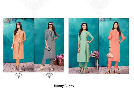 Rijiya Trends Hunny Bunny Wholesale kurtis catalog. Hunny Bunny Rayon Dobby ladies kurtis with pant catalogue at wholesale price Rijiya Trends RT Brand