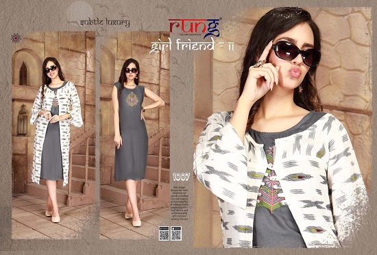 Rung Girl Friend Vol 2 kurtis wholesale catalogue. Rung presents Girl Friend vol 2 Rayon kurtis inner with rayon print shrug. Rung Girl Friend vol 2 2pc kurtis catalog at lowest wholesale price online. Order new collection of kurtis Girl Friend vol 2