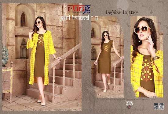 Rung Girl Friend Vol 2 kurtis wholesale catalogue. Rung presents Girl Friend vol 2 Rayon kurtis inner with rayon print shrug. Rung Girl Friend vol 2 2pc kurtis catalog at lowest wholesale price online. Order new collection of kurtis Girl Friend vol 2