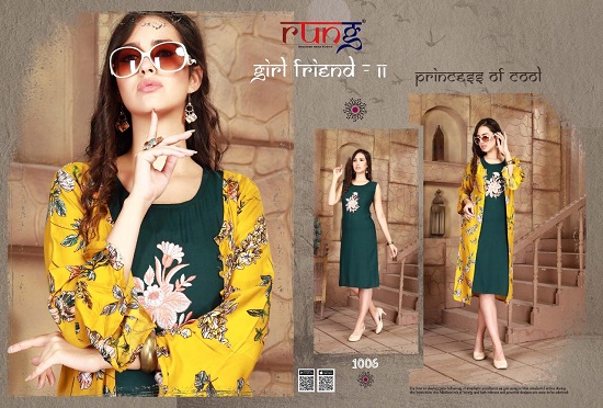 Rung Girl Friend Vol 2 kurtis wholesale catalogue. Rung presents Girl Friend vol 2 Rayon kurtis inner with rayon print shrug. Rung Girl Friend vol 2 2pc kurtis catalog at lowest wholesale price online. Order new collection of kurtis Girl Friend vol 2