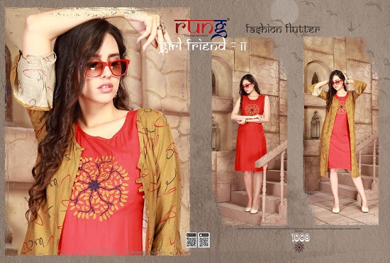 Rung Girl Friend Vol 2 kurtis wholesale catalogue. Rung presents Girl Friend vol 2 Rayon kurtis inner with rayon print shrug. Rung Girl Friend vol 2 2pc kurtis catalog at lowest wholesale price online. Order new collection of kurtis Girl Friend vol 2