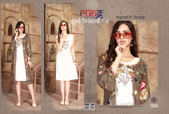 Rung Girl Friend Vol 2 kurtis wholesale catalogue. Rung presents Girl Friend vol 2 Rayon kurtis inner with rayon print shrug. Rung Girl Friend vol 2 2pc kurtis catalog at lowest wholesale price online. Order new collection of kurtis Girl Friend vol 2