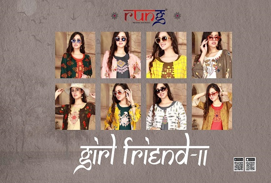 Rung Girl Friend Vol 2 kurtis wholesale catalogue. Rung presents Girl Friend vol 2 Rayon kurtis inner with rayon print shrug. Rung Girl Friend vol 2 2pc kurtis catalog at lowest wholesale price online. Order new collection of kurtis Girl Friend vol 2