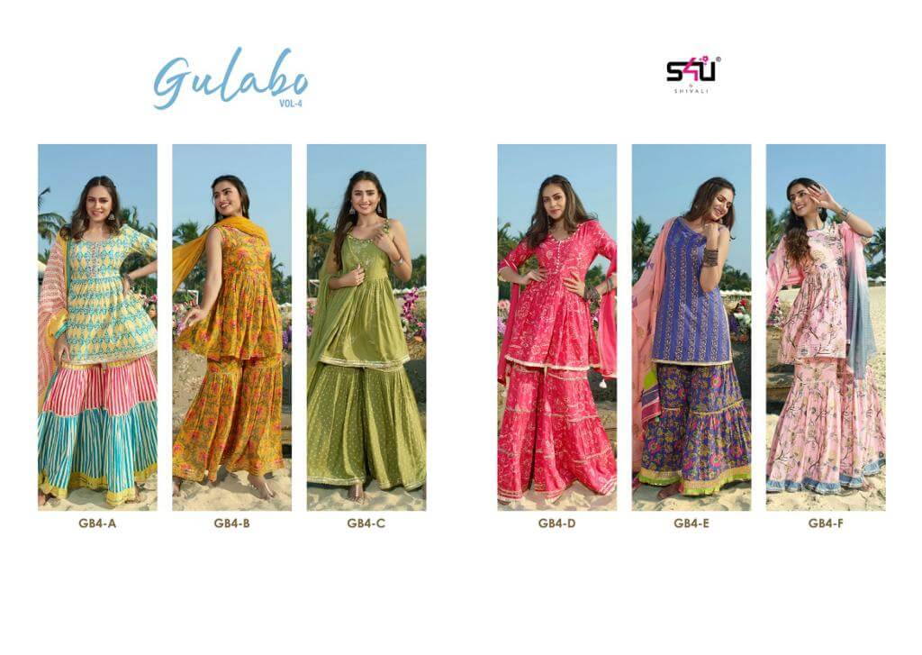 S4U Gulabo Vol 4 Kurti Sharara Dupatta Set Wholesale Catalog. Purchase Full Catalog of Kurti Sharara Dupatta Set In Wholesale Price Online