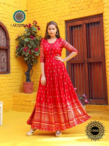 Aradhna Launches Ladies Long Gown Kurtis Catalogue Riwaaaz volume 1, Riwaaz Gowns are Made From Rayon Fabric With Foil And Print (Dry Clean) Pattern, Dispatch From 12th Feb