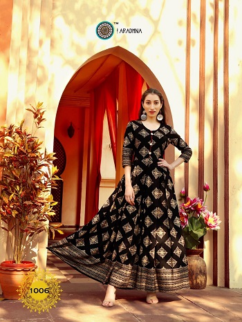 Aradhna Launches Ladies Long Gown Kurtis Catalogue Riwaaaz volume 1, Riwaaz Gowns are Made From Rayon Fabric With Foil And Print (Dry Clean) Pattern, Dispatch From 12th Feb