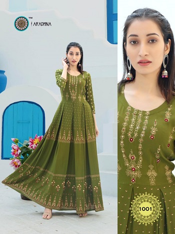 Aradhna Launches Ladies Long Gown Kurtis Catalogue Riwaaaz volume 1, Riwaaz Gowns are Made From Rayon Fabric With Foil And Print (Dry Clean) Pattern, Dispatch From 12th Feb