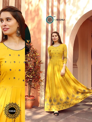 Aradhna Launches Ladies Long Gown Kurtis Catalogue Riwaaaz volume 1, Riwaaz Gowns are Made From Rayon Fabric With Foil And Print (Dry Clean) Pattern, Dispatch From 12th Feb