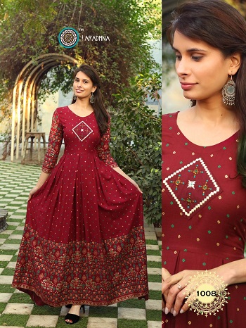 Aradhna Launches Ladies Long Gown Kurtis Catalogue Riwaaaz volume 1, Riwaaz Gowns are Made From Rayon Fabric With Foil And Print (Dry Clean) Pattern, Dispatch From 12th Feb