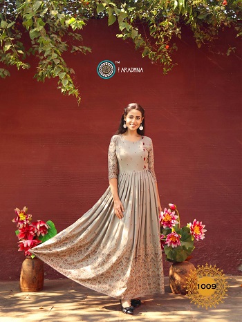 Aradhna Launches Ladies Long Gown Kurtis Catalogue Riwaaaz volume 1, Riwaaz Gowns are Made From Rayon Fabric With Foil And Print (Dry Clean) Pattern, Dispatch From 12th Feb