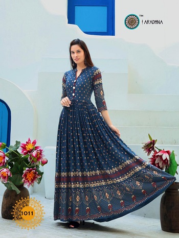 Aradhna Launches Ladies Long Gown Kurtis Catalogue Riwaaaz volume 1, Riwaaz Gowns are Made From Rayon Fabric With Foil And Print (Dry Clean) Pattern, Dispatch From 12th Feb