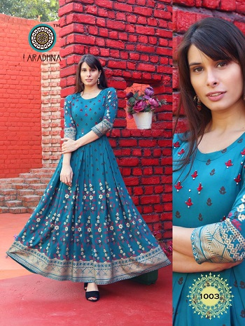 Aradhna Launches Ladies Long Gown Kurtis Catalogue Riwaaaz volume 1, Riwaaz Gowns are Made From Rayon Fabric With Foil And Print (Dry Clean) Pattern, Dispatch From 12th Feb