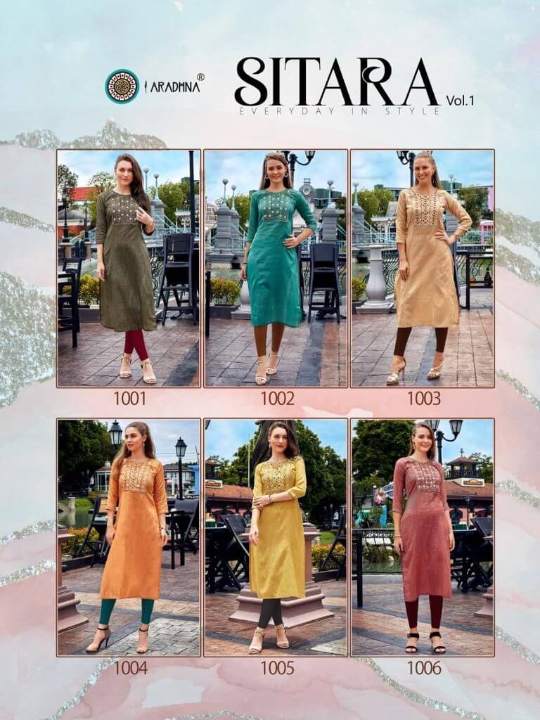 Aradhna Sitara vol 1 Fancy Cotton Embroidery Work Kurtis Catalog, Buy Aradhna Sitara vol 1 Fancy Cotton Embroidery Work Kurtis Full Catalog in Wholesale Price From Aarvee Creation, Vadodara