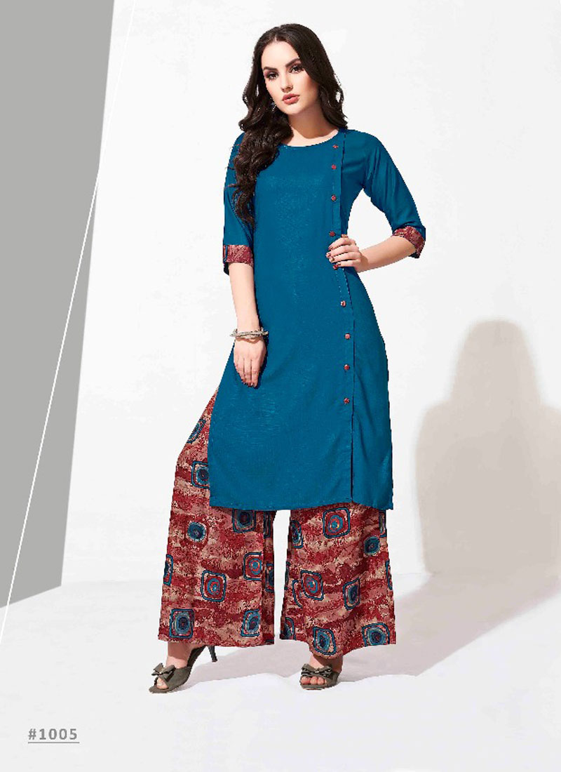 BALENO CATALOG KURTIS WITH REYON PLAIN TOP AND REYON PRINTED PLAZZO 