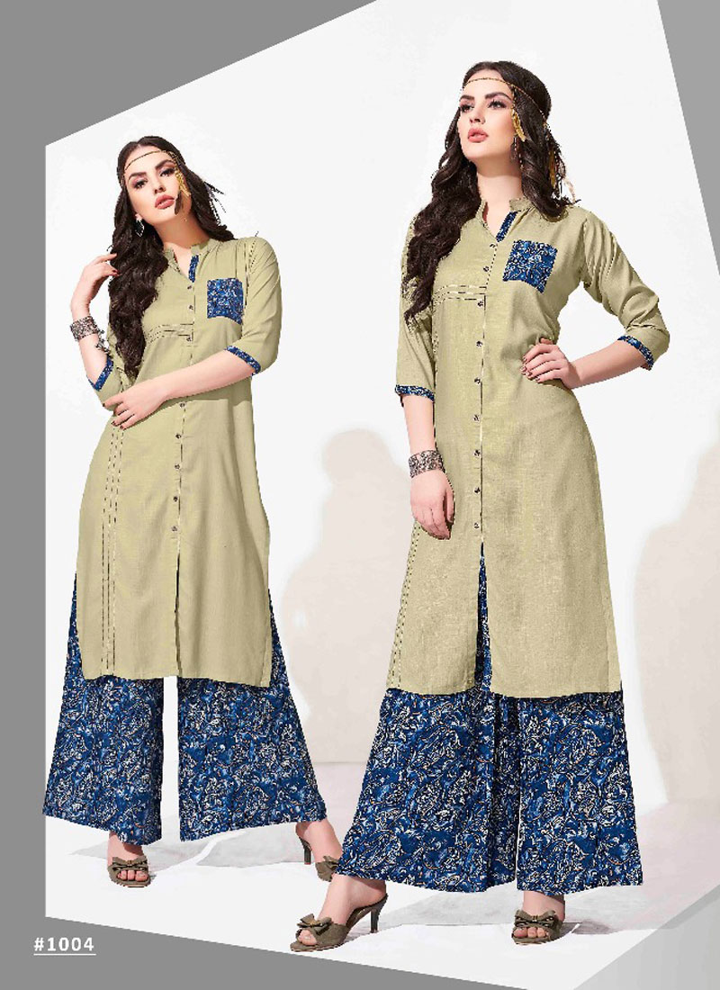 BALENO CATALOG KURTIS WITH REYON PLAIN TOP AND REYON PRINTED PLAZZO 