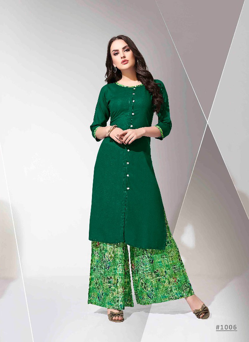 BALENO CATALOG KURTIS WITH REYON PLAIN TOP AND REYON PRINTED PLAZZO 