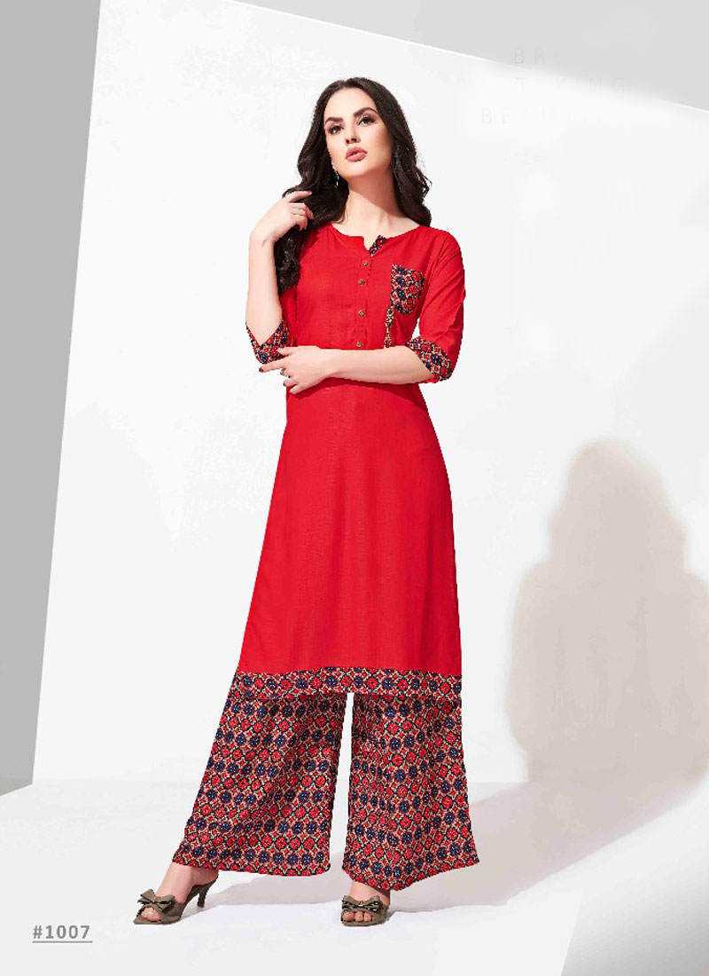 BALENO CATALOG KURTIS WITH REYON PLAIN TOP AND REYON PRINTED PLAZZO 