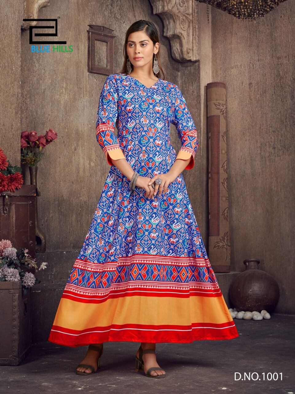 Blue Hills Patola Queen Gown Style Kurtis Catalog in Wholesale Price, Buy Blue Hills Patola Queen Gown Style Kurtis Full Catalog in Wholesale Price Online From Aarvee Creation