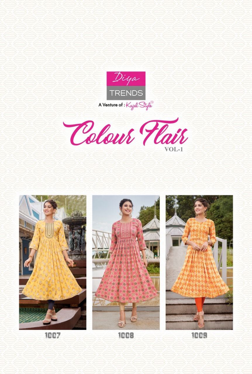 Diya Trends Colour Flair vol 1 Nyra Cut Kurtis Catalog, Buy Diya Trends Colour Flair vol 1 Nyra Cut Kurtis Full Catalog at Wholesale Price