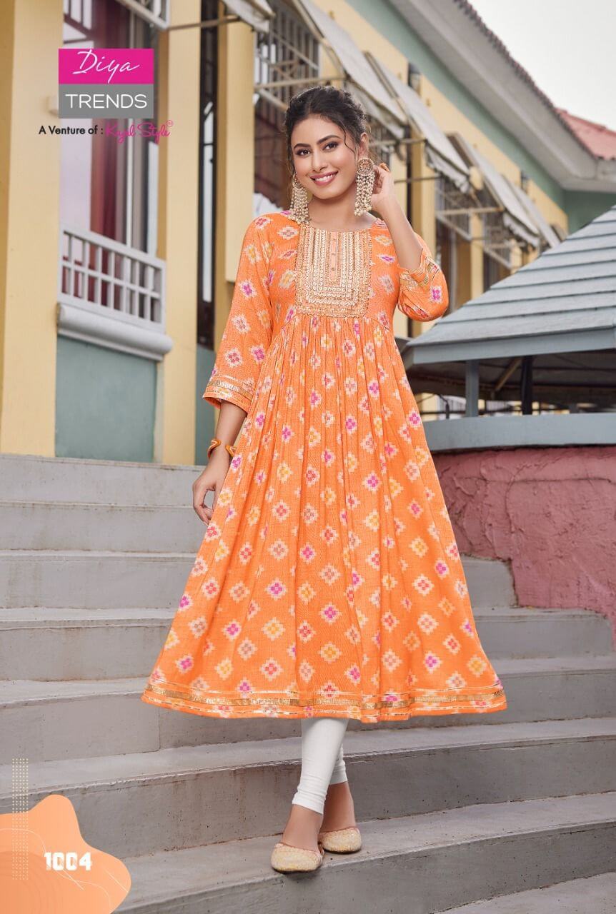 Diya Trends Colour Flair vol 1 Nyra Cut Kurtis Catalog, Buy Diya Trends Colour Flair vol 1 Nyra Cut Kurtis Full Catalog at Wholesale Price