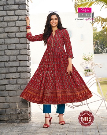 Diya Trends Launches New Kurti Gown Catalog Ethnicity Vol 5, Ethnicity Vol 5 Kurtis Are Made From Rayon Fabric with Embroidery and Print Work, Diya Ethnicity vol 5 is of only Kurtis catalogue 