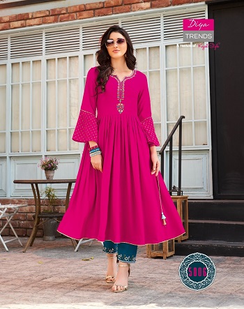 Diya Trends Launches New Kurti Gown Catalog Ethnicity Vol 5, Ethnicity Vol 5 Kurtis Are Made From Rayon Fabric with Embroidery and Print Work, Diya Ethnicity vol 5 is of only Kurtis catalogue 