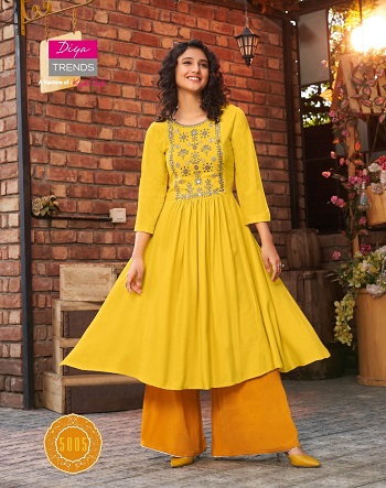 Diya Trends Launches New Kurti Gown Catalog Ethnicity Vol 5, Ethnicity Vol 5 Kurtis Are Made From Rayon Fabric with Embroidery and Print Work, Diya Ethnicity vol 5 is of only Kurtis catalogue 